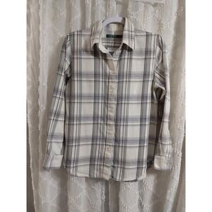 Lauren Ralph Lauren Womens Plaid Button Down Shirt Grey Cream Flannel Small